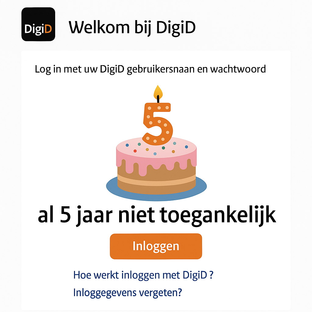door AI gegenereerde afbeelding van een taart op het DigiD-inlogscherm met daarbij de tekst al 5 jaar niet toegankelijk